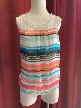 ELLE Striped Sleeveless Summer Top - White with Coral & Aqua Stripes